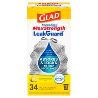 Glad ForceFlex MaxStrength LeakGuard Tall Kitchen Trash Bags, 13 Gal, Sunshine Lemon Scent, 34 Ct