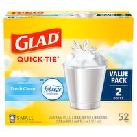 Glad Quick-Tie Fresh Clean Small Trash Bags Value Pack, 52 count, 52 Each