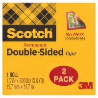 Scotch Permanent Double-Sided Tape, 1/2 in x 500 in, 2 count