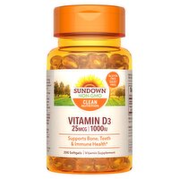 Sundown Clean Nutrition Vitamin D3 Vitamin Supplement, 25 mcg 1000 IU, 200 count