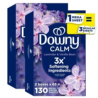 Downy CALM, Mega Dryer Sheets, Laundry Fabric Softener, Lavender and Vanilla Bean, 130 Count