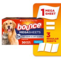 Bounce Pet Hair and Lint Guard Mega Dryer Sheets with 3X Pet Hair Fighters, Fresh Scent, 30 Count, 30 Each