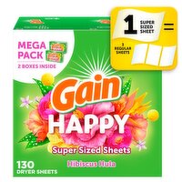 Gain Super Sized Dryer Sheets, Laundry Fabric Softener, Happy, 130 Count