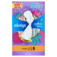 Always Teen Radiant with Flexfoam Overnight Unscented Pads, 18 count