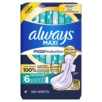 Always Maxi Pads for Women, Ultimate Heavy Overnight Pad with Wings, Size 6, Unscented, 21 Count