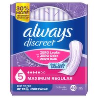 Always Discreet Incontinence Pads, Maximum Absorbency, Regular, 48 CT