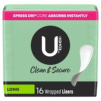 U by Kotex Clean & Secure Long Wrapped Liners, 16 count, 16 Each