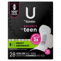 U by Kotex Balance Sized for Teen Heavy Ultra Thin Pads + Wings, 28 count