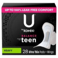 U by Kotex Balance Sized for Teen Heavy Ultra Thin Pads + Wings, 28 count