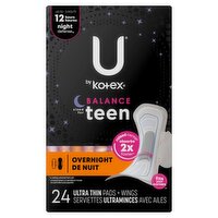 U by Kotex Balance Sized for Teen Overnight Ultra Thin Pads + Wings, 24 count