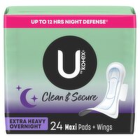 U by Kotex Clean & Secure Extra Heavy Overnight Maxi Pads + Wings, 24 count