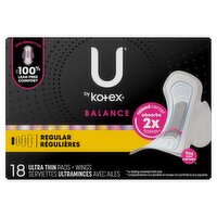 U by Kotex Balance Regular Ultra Thin Pads + Wings, 18 count