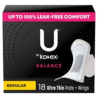 U by Kotex Balance Regular Ultra Thin Pads + Wings, 18 count