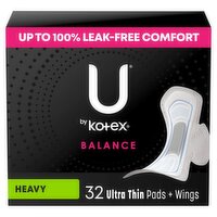 U by Kotex Balance Heavy Ultra Thin Pads + Wings, 32 count