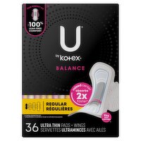 U by Kotex Balance Regular Ultra Thin Pads + Wings, 36 count