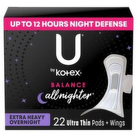U by Kotex Balance Extra Heavy Overnight Ultra Thin Pads + Wings, 22 count