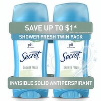 Secret Invisible Solid Antiperspirant and Deodorant, Shower Fresh, Twin Pack, 2.6 oz each
