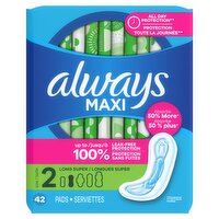 Always Maxi Feminine Pads without Wings for Women, Size 2, Long Super Absorbency, Unscented 42 Count