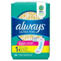 Always Ultra Thin Feminine Pads without Wings for Women, Size 1, Regular Absorbency, Unscented, 44 , 44 Each