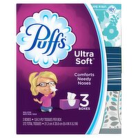 Puffs Facial Tissues Ultra Soft, 3 Rectangle Boxes, 124 Tissues Per Box