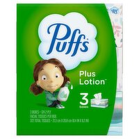 Puffs Facial Tissue Plus Lotion, 3 Rectangle Boxes, 124 Tissues Per Box