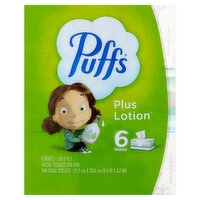 Puffs Facial Tissue Plus Lotion, 6 Rectangle Boxes, 124 Tissues Per Box
