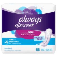 Always Discreet Incontinence Pads, Moderate Absorbency, Regular, 66 CT, 66 Each