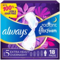 Always Radiant with FlexFoam Pads, Size 5, Extra Heavy Overnight, with Wings, Light Clean Scent, 18, 18 Each