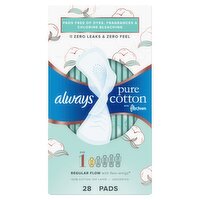 always Pure Cotton Regular Flow with Flexi-Wings Unscented Pads, Size 1, 28 count