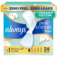 Always Pure Cotton FlexFoam Pads for Women, Size 1, Regular Pad with Wings, Unscented, 28 Count
