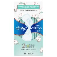 Always Pure Cotton Heavy Flow with Flexi-Wings Unscented Pads, Size 2, 24 count, 24 Each