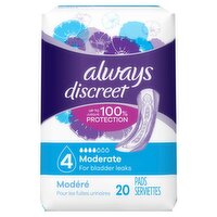 Always Discreet Incontinence Pads, Moderate Absorbency, Regular, 20 CT