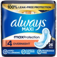 Always Maxi Pads for Women, Overnight Pad with Wings, Size 4, Unscented, 26 Count
