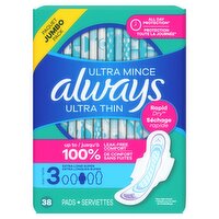 Always Ultra Thin Pads with Wings, Size 3, Extra Long Super, 38 CT, 38 Each