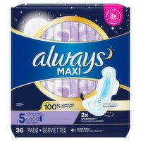 Always Maxi Overnight Pads with Wings for Women, Size 5, Extra Heavy Overnight Absorbency, Unscente, 36 Each