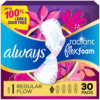 Always Radiant with FlexFoam Pads, Size 1, Regular, with Wings, Light Clean Scent, 30 CT, 30 Each