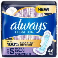 Always Ultra Thin Extra Heavy Overnight Pads Megha Pack, Size 5, 46 count