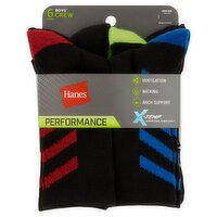 Hanes X-Temp Performance Boys' Crew Socks, Assorted, Medium, Shoe Size 9-2.5, 6 pairs