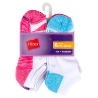 Hanes Girls' No Show Socks, Large, Shoe Size 4-10, 6 pair