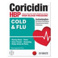 Coricidin HBP Cold & Flu Tablets, 20 count, 20 Each