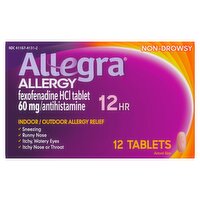 Allegra 12Hr Non-Drowsy Indoor / Outdoor Allergy Relief Tablets, 12 count, 12 Each