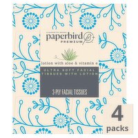 Paperbird Premium Ultra Soft Facial Tissues with Lotion, 65 3-ply tissues per box, 4 count, 260 Each