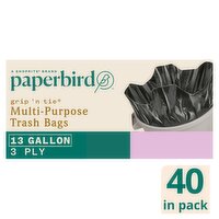 Paperbird 30 Gallon Grip 'N Tie Multi-Purpose Trash Bags, 40 count