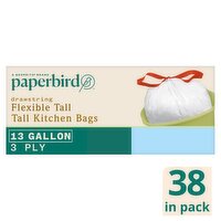 Paperbird 13 Gallon Flexible Tall Kitchen Drawstring Bags, 38 count