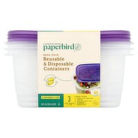 Paperbird Deep Dish Reusable & Disposable 64 Fl Oz Containers & Lids, 3 count