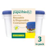 Paperbird Deep Dish Reusable & Disposable 64 Fl Oz Containers & Lids, 3 count