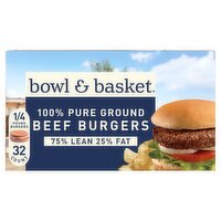 Bowl & Basket 75% Lean 25% Fat Beef Burgers, 1/4 pound, 32 count, 128 Ounce