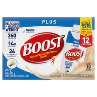 Boost Plus Very Vanilla Balanced Nutritional Drink, 12 count, 8 fl oz