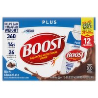 Nestlé Boost Plus Rich Chocolate Balanced Nutritional Drink, 8 fl oz, 12 count, 96 Fluid ounce