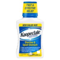 KAOPECTATE DIARRHEA AND UPSET STOMATCH RELIEF. VANILLA FLAVOR.